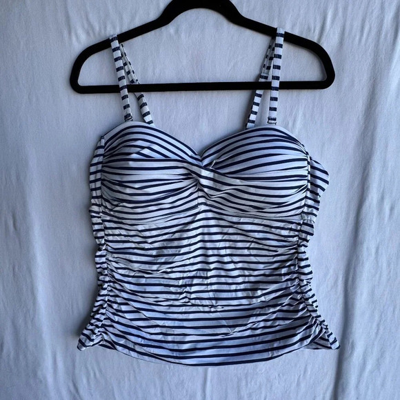 Other - Navy & White Striped Ruched Tankini Top - Padded, Adjustable Straps, Size XXL